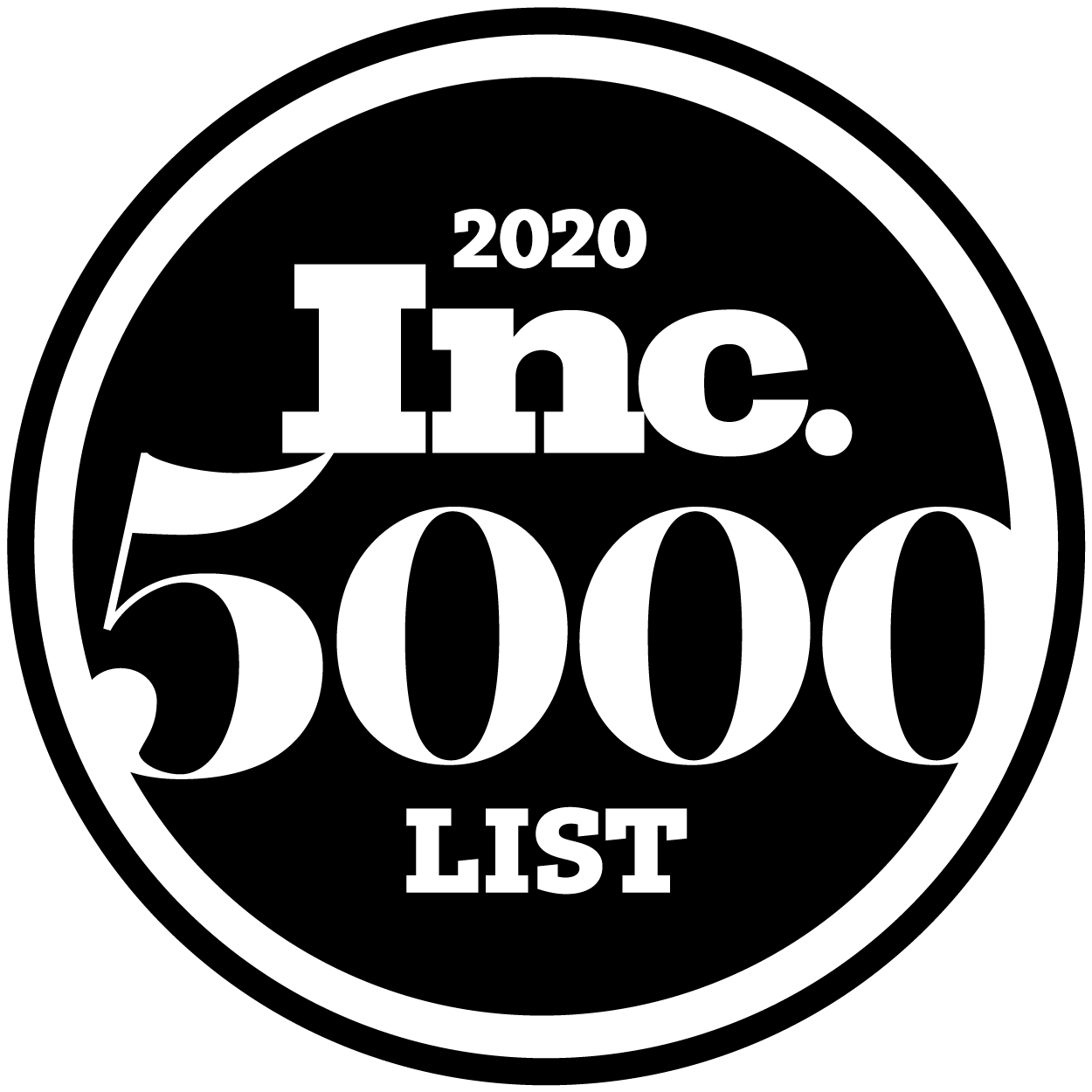 a black circle loco for the 2020 Inc. 5000 List. It has Inc. 5000 List in white on the inner circle and a black circle framing the logo